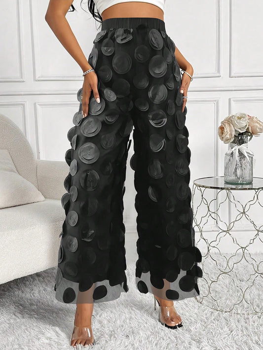 Floral Embroidered Mesh Wide Leg Pants