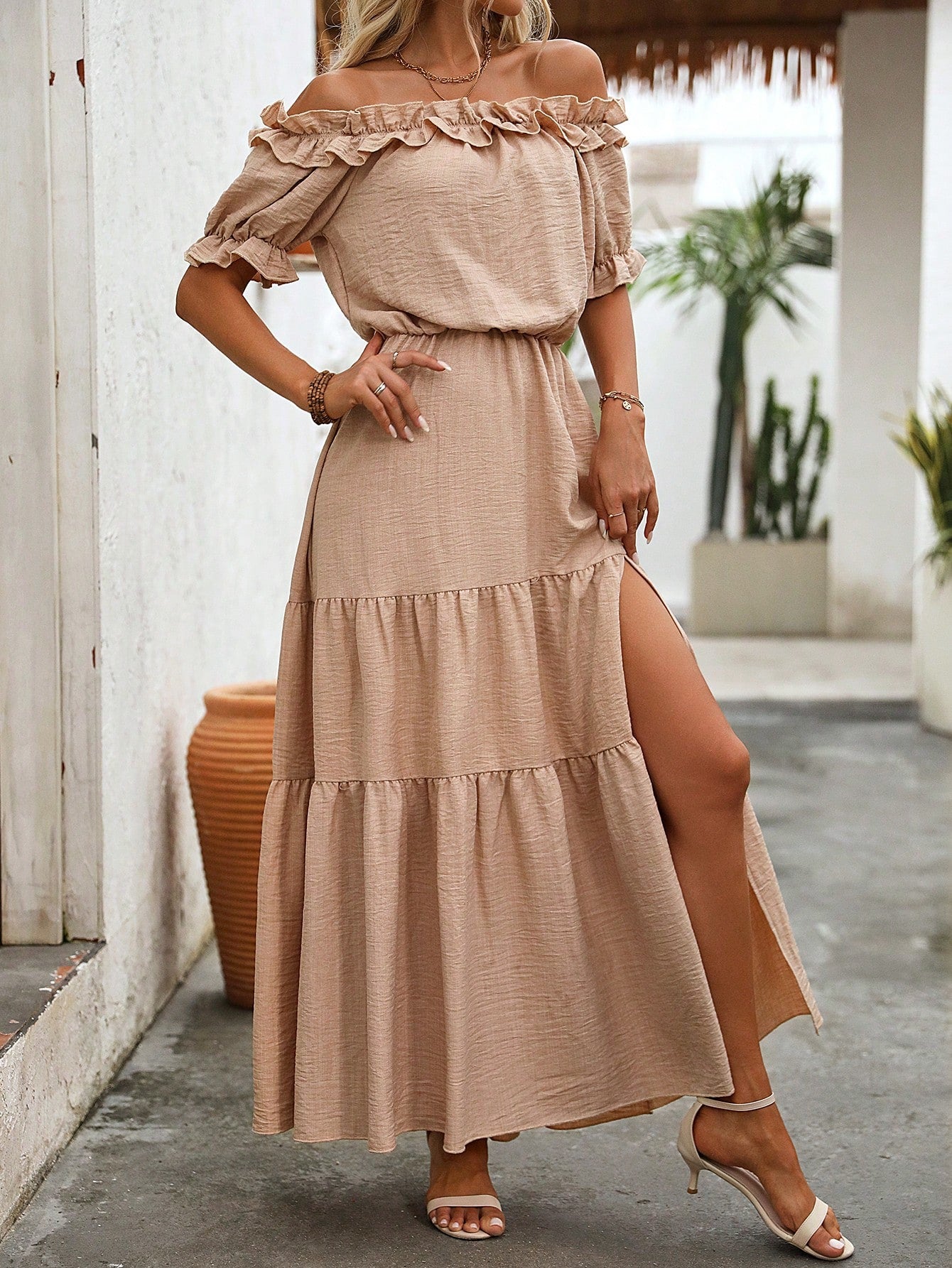 Off The Shoulder Ruffled Dress With Cinched Waist