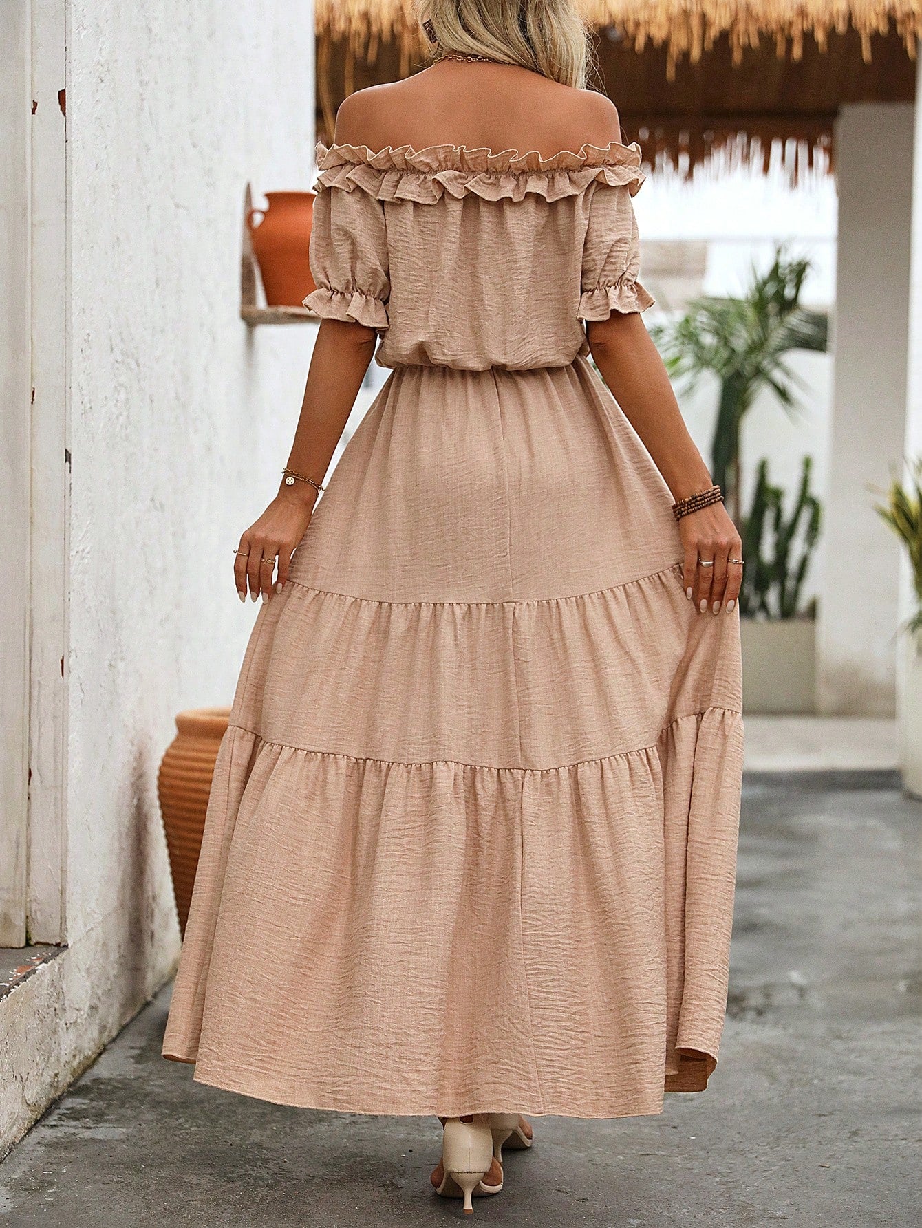 Off The Shoulder Ruffled Dress With Cinched Waist