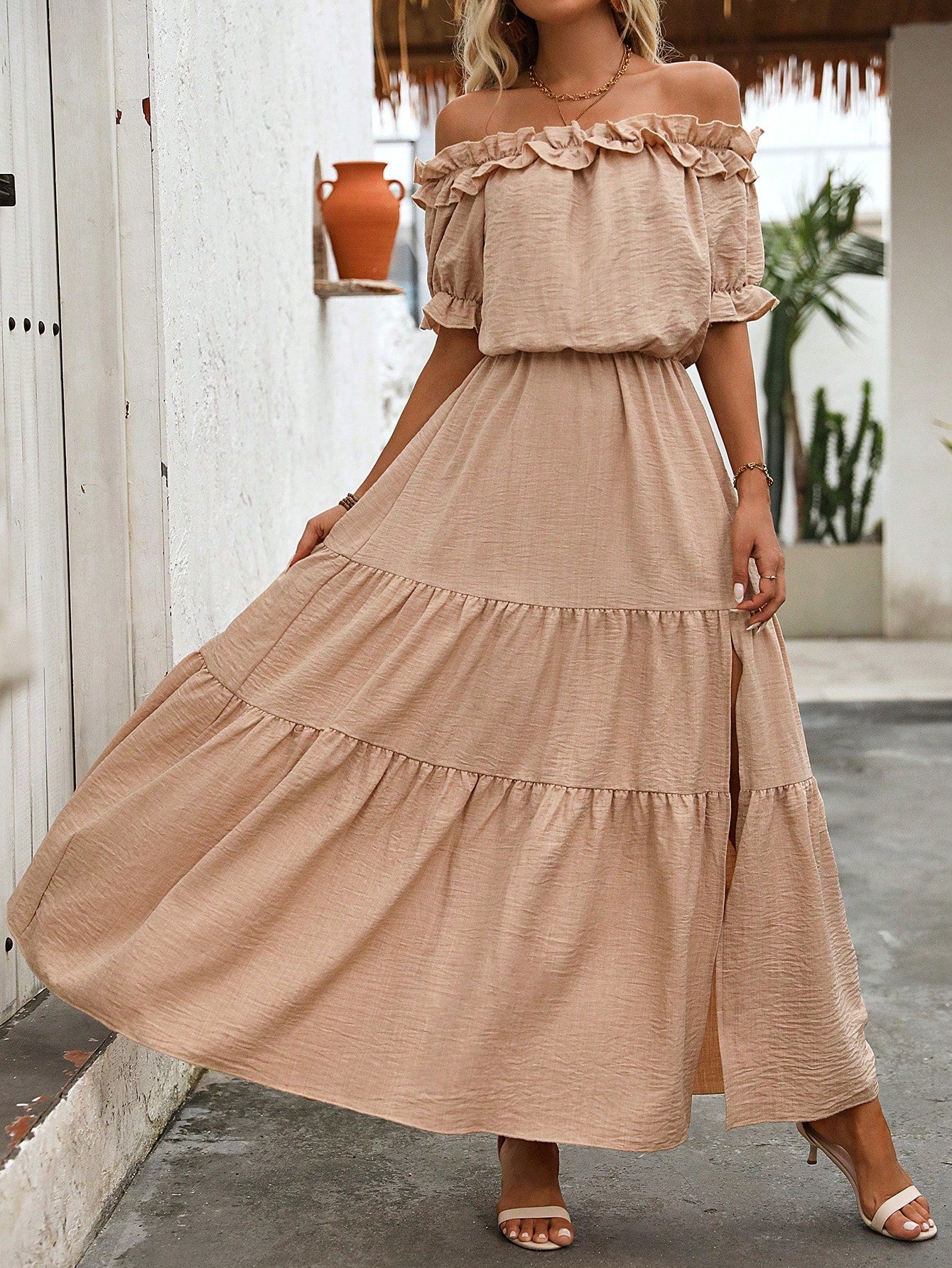 Off The Shoulder Ruffled Dress With Cinched Waist