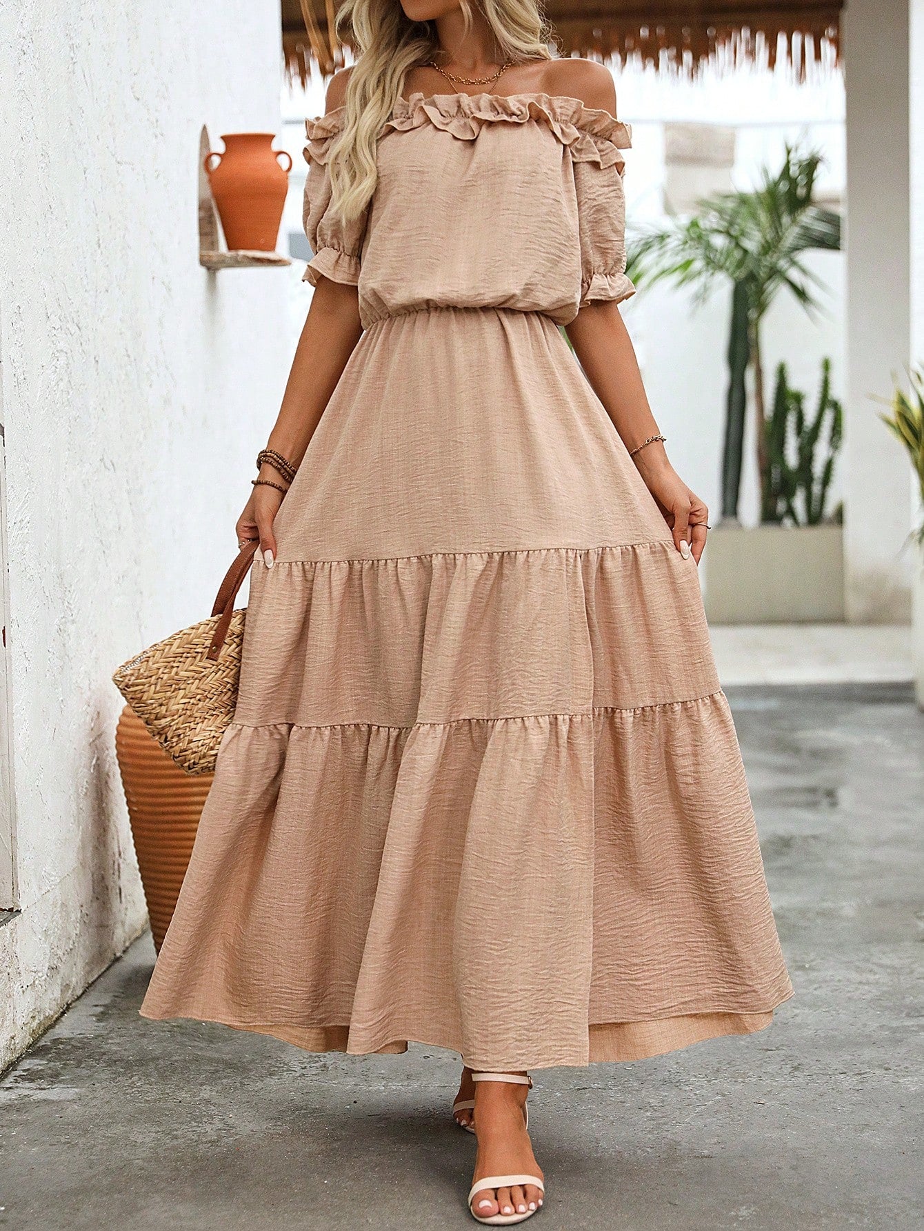 Off The Shoulder Ruffled Dress With Cinched Waist